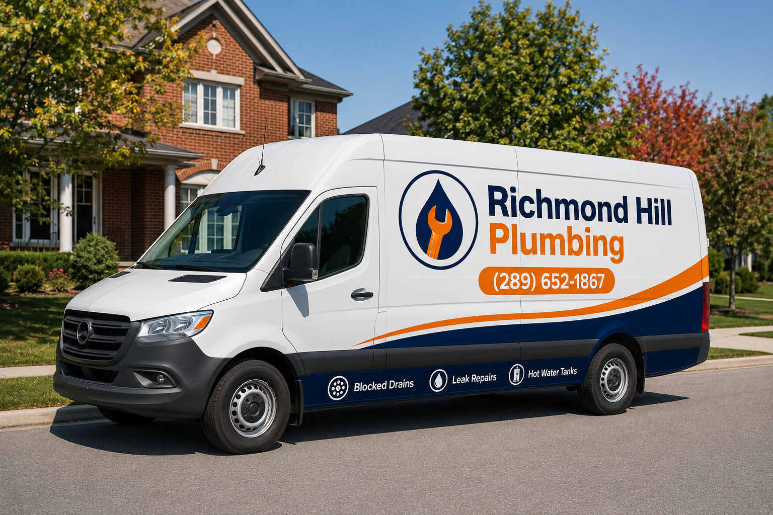 Richmond Hill Plumbing branded Mercedes-Benz Sprinter service van parked on a residential street